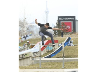 Inline skaters and skateboarders were still using the ramps at Beach Skatepark at the bottom of Coxwell Ave. in the east end of the city  on Thursday March 26, 2020. Jack Boland/Toronto Sun/Postmedia Network