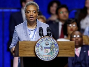 Lori Lightfoot speaks after being sworn in as Chicago's 56th mayor by Judge Susan E. Cox during an inauguration ceremony at Wintrust Arena in Chicago, Illinois, U.S. May 20, 2019.