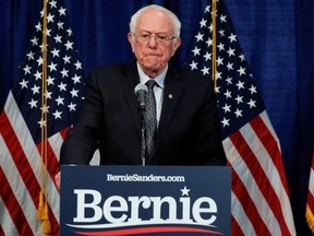 U.S. Democratic presidential candidate Senator Bernie Sanders announces that he will be continuing his campaign for U.S. president at least through his March 15 debate with former Vice President Joe Biden as he holds a news conference in Burlington, Vermont, U.S. March 11, 2020.