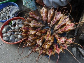 While not China, this picture taken in Vietnam on Nov. 3, 2013 shows a vendor selling slaughtered rats at a village market in Dan Phuong on the outskirts of Hanoi.