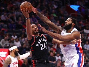 Raptors’ Norman Powell puts up a shot against the Pistons’ Andre Drummond. Powell has returned to his home in Las Vegas to wait out the coronavirus.