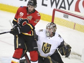 Vegas goalie Robin Lehner, with Flames Sean Monahan in front of him has some choice words for Sweden's slacksidasical leaders.