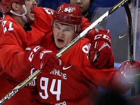 Russian athlete Alexander Barabanov (94) celebrates his goal during the second period of the preliminary round of the men's hockey game against Slovenia at the 2018 Winter Olympics in Gangneung, South Korea, Friday, Feb. 16, 2018. (AP Photo/Frank Franklin II)