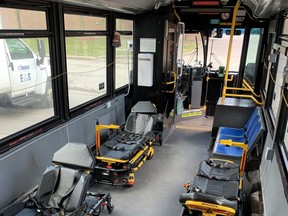 Interior of a decomissioned TTC transit bus converted into an ambualnce.