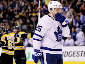 James van Riemsdyk, then of the Toronto Maple Leafs, reacts after Jake DeBrusk scored for the Boston Bruins during their playoff matchup in 2018.