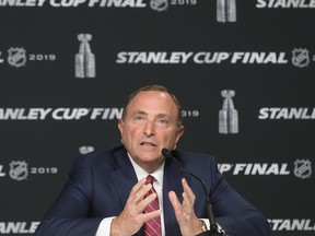 NHL Commissioner Gary Bettman, shown here at the 2019 Stanley Cup Final, says nothing has been ruled "in" or "out" when it comes to hockey being played this summer.