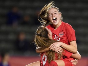 Canada forward Jordyn Huitema (9) celebrates her goal with forward Janine Beckie (16) during the second half of the CONCACAF Women's Olympic Qualifying soccer tournament against Costa Rica at Dignity Health Sports Park on Feb. 6, 2020.