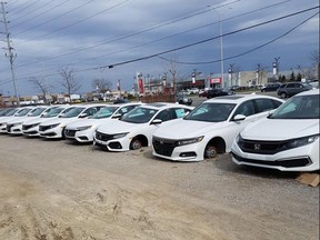 A number of new Honda vehicles with the tires and rims stolen from Family Honda dealership in Brampton. JASDEEP13/REDDIT