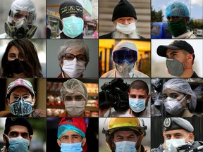 This combination of pictures created on April 8, 2020 shows a series of portraits of men and women in the Middle East region wearing protective face-masks during the coronavirus (COVID-19) pandemic. (AFP via Getty Images)