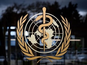 In this file photo taken on March 09, 2020, the logo of the World Health Organization (WHO) at the its headquarters in Geneva.