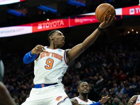 New York Knicks forward RJ Barrett goes to the hoop against the Philadelphia 76ers this season. The Canadian was averaging just over 14 points and five rebounds a game before NBA play was halted due to the coronavirus pandemic.