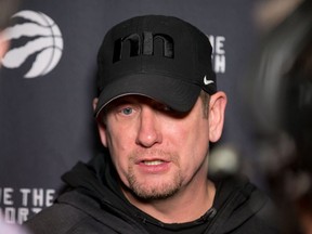 Toronto Raptors head coach Nick Nurse talks with the media prior to a game against the Utah Jazz at Vivint Smart Home Arena.