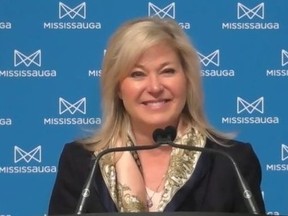 Mississauga Mayor Bonnie Crombie appeals for donations to the Mississauga Food Bank during a virtual news conference on Wednesday, April 8, 2020. (supplied photo)