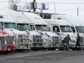 Trucks and truckers take a break at the Road King truck stop in Calgary during the COVID-19 pandemic on Thursday, April 2, 2020.