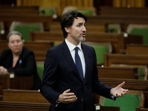 Prime Minister Justin Trudeau speaks during question period in the House of Commons on Parliament Hill, as efforts continue to help slow the spread of COVID-19, in Ottawa, April 20, 2020.