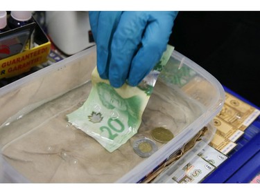 A cashier at the 4 Seasons Farms convenience store on O'Connor Dr. in East York disinfects the polymer money of customers in a liquid antibacterial solution in a container along with Loonies and Twoonies  on Saturday April 4, 2020. Jack Boland/Toronto Sun/Postmedia Network