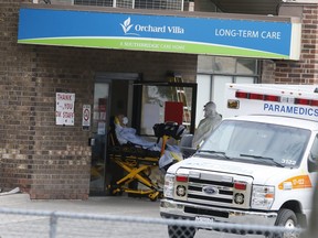 Paramedics arrive at Orchard Villa on Friday, April 24, 2020. More than 5,000 Torontonians have now tested positive for COVID-19 and there have been more than 300 deaths.