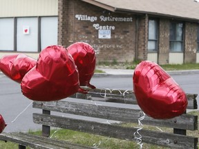 Balloons left outside Orchard Villa long-term care home, which has been ravaged by COVID-19. on Friday April 24, 2020.