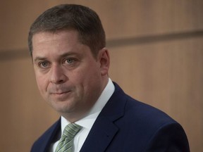 Conservative Leader Andrew Scheer listens to a question during a news conference in Ottawa, Wednesday, April 15, 2020.