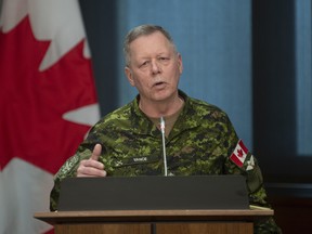 Chief of Defence Staff Jonathan Vance responds to a question during a ministerial news conference in Ottawa, Monday, March 30, 2020. Vance is urging his troops to reach out for help if required as the use of mental-health services for military personnel has reached an all-time low.THE CANADIAN PRESS/Adrian Wyld