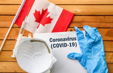 Flag of Canada,, vaccine, face mask for virus, glove and paper sheet with words Coronavirus COVID-19