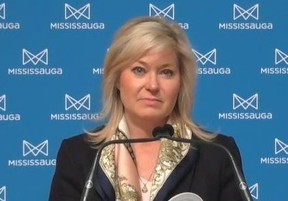 Mississauga Mayor Bonnie Crombie appeals for donations to the Mississauga Food Bank during a virtual news conference on Wednesday, April 8, 2020.