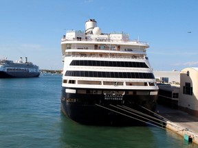 Cruise ships Zaandam (R) and Rotterdam of the Holland America Line, carrying patients affected by coronavirus disease (COVID-19), arrive at Port Everglades in Fort Lauderdale, Florida on April 2, 2020. (REUTER/Joe Skipper)