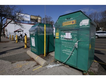 Donations bins around the city have been sealed up by the companies that run them like Oasis Clothing Bank located here at Queen St. East and Silver Birch Ave.  on Wednesday April 8, 2020. Jack Boland/Toronto Sun/Postmedia Network