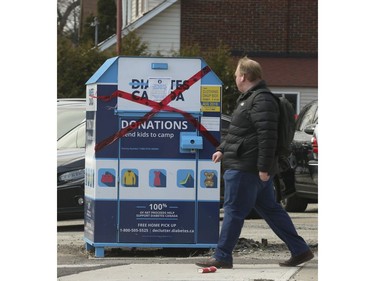 Donations bins around the city have been sealed up by the companies that run them like Diabetes Canada located here on Kingston Rd.  South of Dundas St. East on Wednesday April 8, 2020. Jack Boland/Toronto Sun/Postmedia Network
