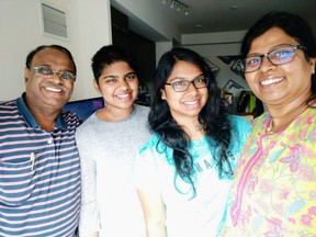 Rachel Albert, 23, (second from left) with her father, Albert Rajkumar, sister Rebecca Albert and mom Janet Albert, after the York University student left the hospital April 9 after being shot and stabbed walking home from the campus on Jan. 22.