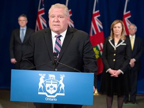 Ontario Premier Doug Ford speaks at the daily briefing at Queen's Park in Toronto, Monday, April 27, 2020.