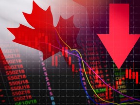 Canada Stock Exchange market crisis red market price down chart fall / Stock analysis or forex charts graph Business and finance money crisis background red negative drop in sales economic fall