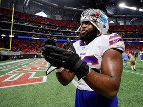 Defensive lineman Ryan Davis, here playing for the Buffalo Bills in 2017, celebrates after beating the Falcons in Atlanta. Davis, 31, who played seven seasons in the NFL, signed with the Argonauts as a free agent in the off-season.  Getty Images)