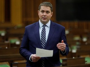 Canada's Conservative Party leader Andrew Scheer speaks during Question Period in the House of Commons on Parliament Hill, as efforts continue to help slow the spread of the coronavirus disease (COVID-19), in Ottawa, Ontario, Canada April 20, 2020.
