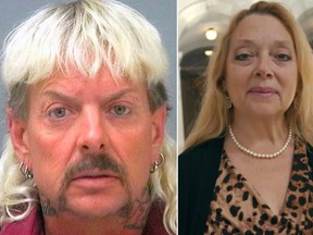Tiger King star Joe Exotic and his nemesis, Carole Baskin. An ex-boyfriend claims she was a tiger in bed.