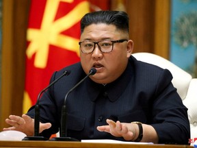 North Korean leader Kim Jong Un speaks as he takes part in a meeting of the Political Bureau of the Central Committee of the Workers' Party of Korea (WPK) in this image released by North Korea's Korean Central News Agency on April 11, 2020.