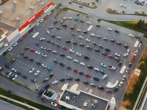 An aerial shot of the line-up for Krispy Kreme Doughnuts in Mississauga.
