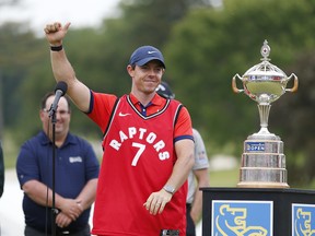 Rory McIlroy wears a Toronto Raptors jersey after winning the RBC Canadian Open last year at Hamilton Golf and Country Club. According to a report in Golf Digest, Canada's national open, slated to be played June11-14, could be a casualty of the COVID-19 pandemic.