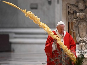 Pope Francis gathers his thoughts while holding a palm branch as he celebrates Palm Sunday mass behind closed doors at St. Peter's Basilica on April 5, 2020 in The Vatican, during the lockdown aimed at curbing the spread of the COVID-19 infection.