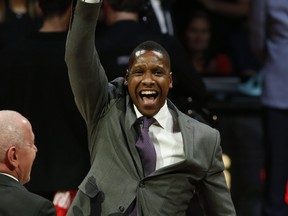 Raptors president Masai Ujiri celebrates during the ring ceremony. With the coronavirus front and centre, Ujiri isn’t thinking about basketball these days.  Jack Boland/Toronto Sun