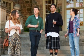 L-R: Annie Murphy, Noah Reid, Dan Levy and Emily Hampshire in a scene from Schitt’s Creek. (CBC)