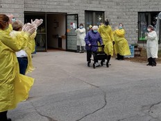 Pinecrest Nursing Home: Recovered patient 91-year-old Lorraine Button, goes for a walk for the first time since the outbreak of COVID-19 on Saturday April 18, 2020 in Bobcaygeon. SUPPLIED PHOTOToronto Sun/Postmedia Network
