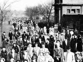 Following the establishment of Toronto's new Sunnyside Amusement Park, and its fabulous wooden boardwalk, the park became the location of Toronto's "official" Easter Parade from 1922 until it lost its popularity in the early 1950s. Here we see crowds attending the 1936 event.