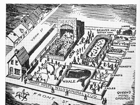 Known as the Toronto Zoological and Acclimatization Association, what would be recognized as our city's first zoo opened to the public on Aug. 1, 1881. Located on a piece of property on the north side of Front St. between the Queen's Hotel and York St., its exhibits consisted of creatures from the private collection of ex-city alderman Harry Piper who announced that he hoped the new attraction would be good not just for Toronto but would also draw crowds of tourists to the city just as zoos in London and New York had done. He also hoped the zoo's collection would be expanded through the addition of animals donated by other citizens. The following year the city's Evening Telegram newspaper did a follow-up story that was accompanied by an artist's detailed sketch of the grounds seen here. The main entrance to today's Royal York Hotel would be where the whale (carcass) is in this sketch.