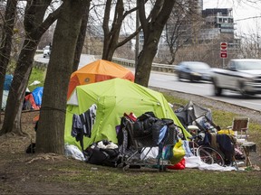 Tents are set up along Richmond St. E, between Parliament St. and the Don Valley Parkway in Toronto on April 16, 2020.