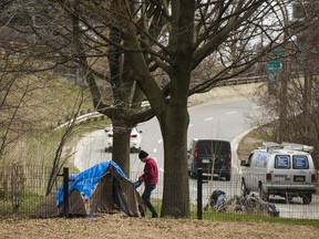 A tent is set up along Adelaide St. E, between Parliament St. and the Don Valley Parkway in Toronto, Ont. on Thursday April 16, 2020. ERNEST DOROSZUK/TORONTO SUN
