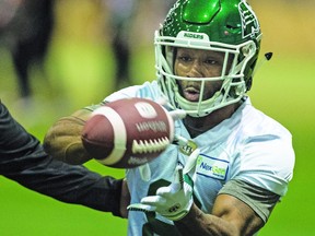 Running back/returner Marcus Thigpen, practising with the Roughriders last year, will be looking to continue his well-travelled career in Toronto in 2020.                                         BRANDON HARDER/ POSTMEDIA