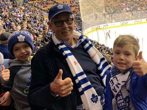 Long-time Maple Leafs fan Bryan Black, here posing with his grandsons Bentley and Liam at Scotiabank Arena, was in the house at the Gardens for not only the 1967 Leafs Cup win, but also three years earlier for the Cup-clinching win over Detroit.