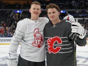 Brothers Brady Tkachuk (left) of the Ottawa Senators and Matthew Tkachuk of the Calgary Flames will be the first competitors in the NHL's video game competition.