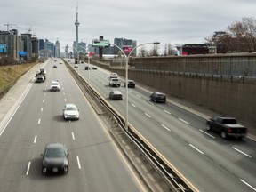 Mid-morning traffic along the Gardiner Expressway from the Dufferin St. bridge in Toronto, April 3, 2020.